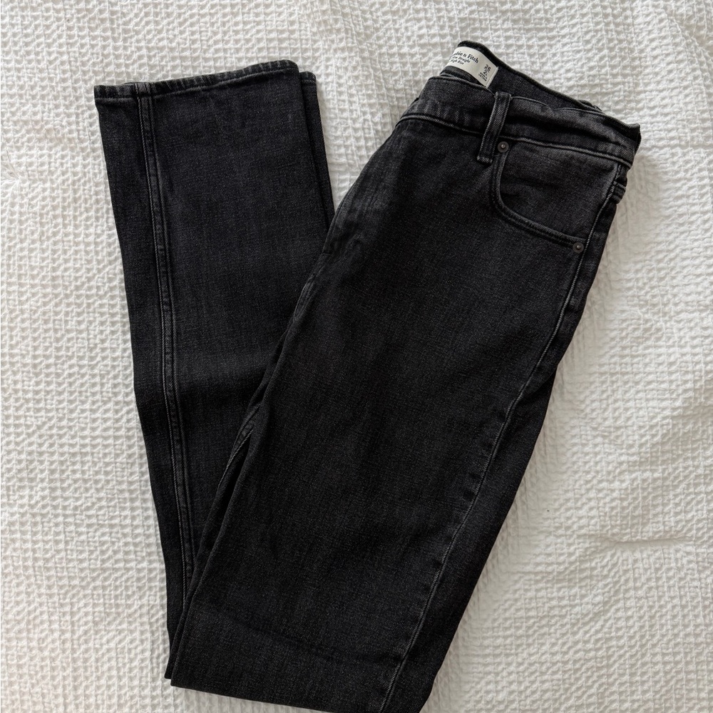 Abercrombie & Fitch Women's Black High Rise Diagonal Button Straight Leg Jeans